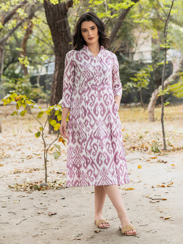 Center Box Pleat Midi Dress with IKKAT print in Mauve