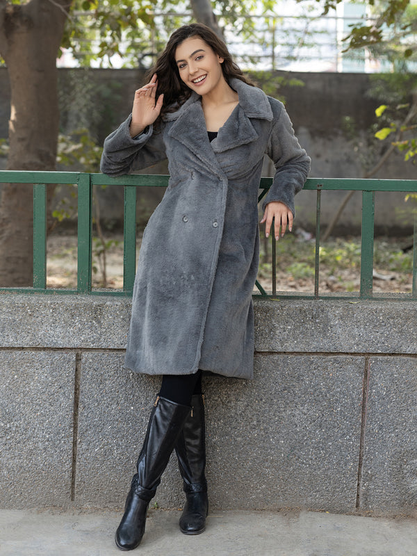 Long Fur Coat with notch collar in Grey