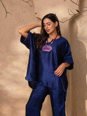 Anti Fit Kaftan Top with Pants in Navy Blue Silk