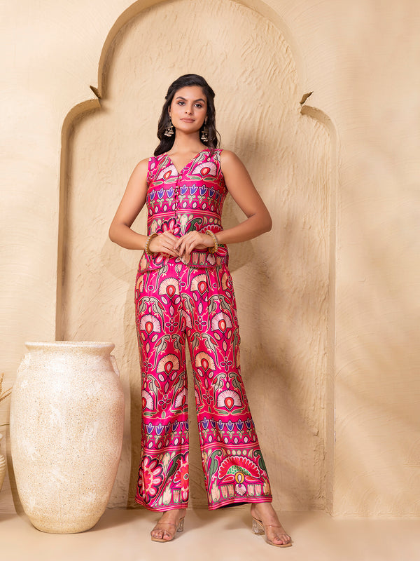Rounded waist coat with loop buttons and Pants in Border Pink Gujrati Print