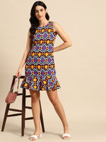 Shift Dress with flare at the hem in Multi Color Ikkat Print
