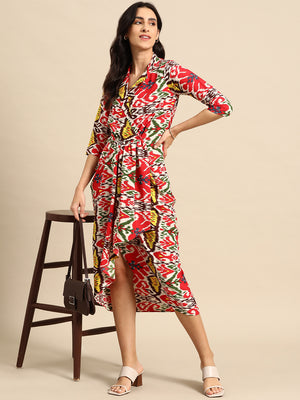 Shirt Dress with front Drape in Red and Cream Ikkat Print