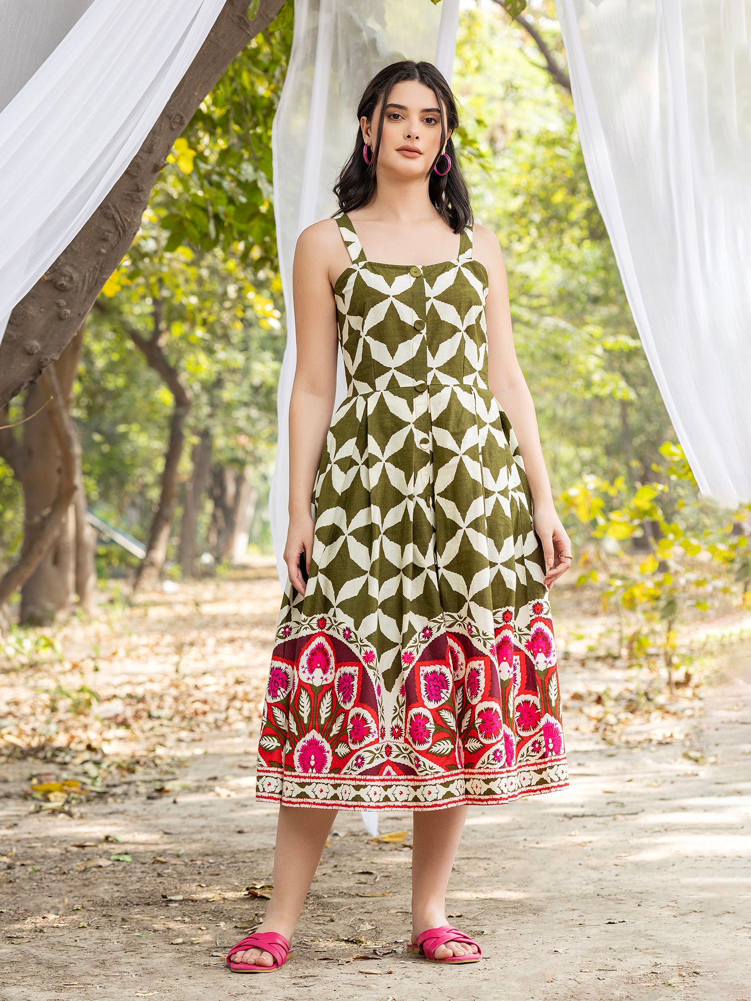 Strappy Box Pleat Midi Dress with Green and white big border print