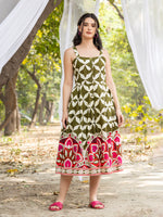 Strappy Box Pleat Midi Dress with Green and white big border print