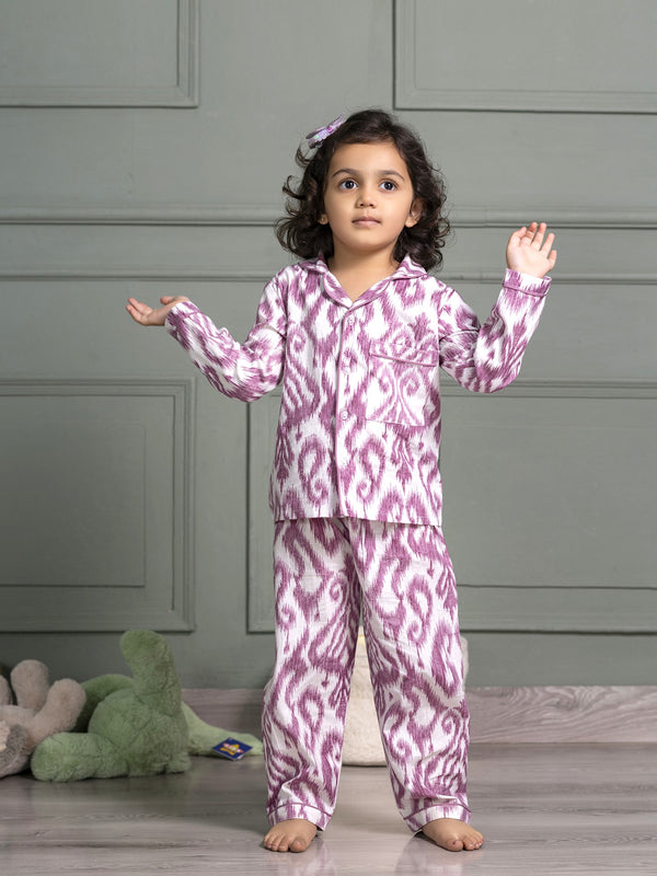 Kids Unisex Nightsuit Pyajamas & Shirt in Ikkat Mauve  Print