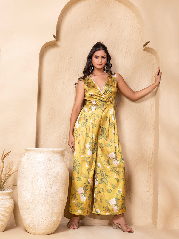 Overlap neck Wide Legged jumpsuit in Lime Green Grape Print