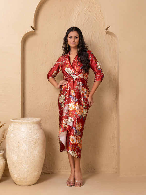 Shirt Dress with front Drape in Rust Floral Print