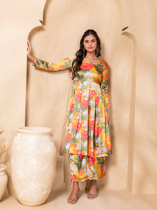 Box Pleat flare kurta with palazzo in Lime Green and pink Floral Print