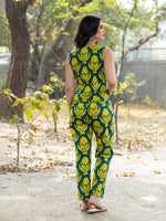 Waist Coat and Pants with IKKAT butti in teal blue and yellow