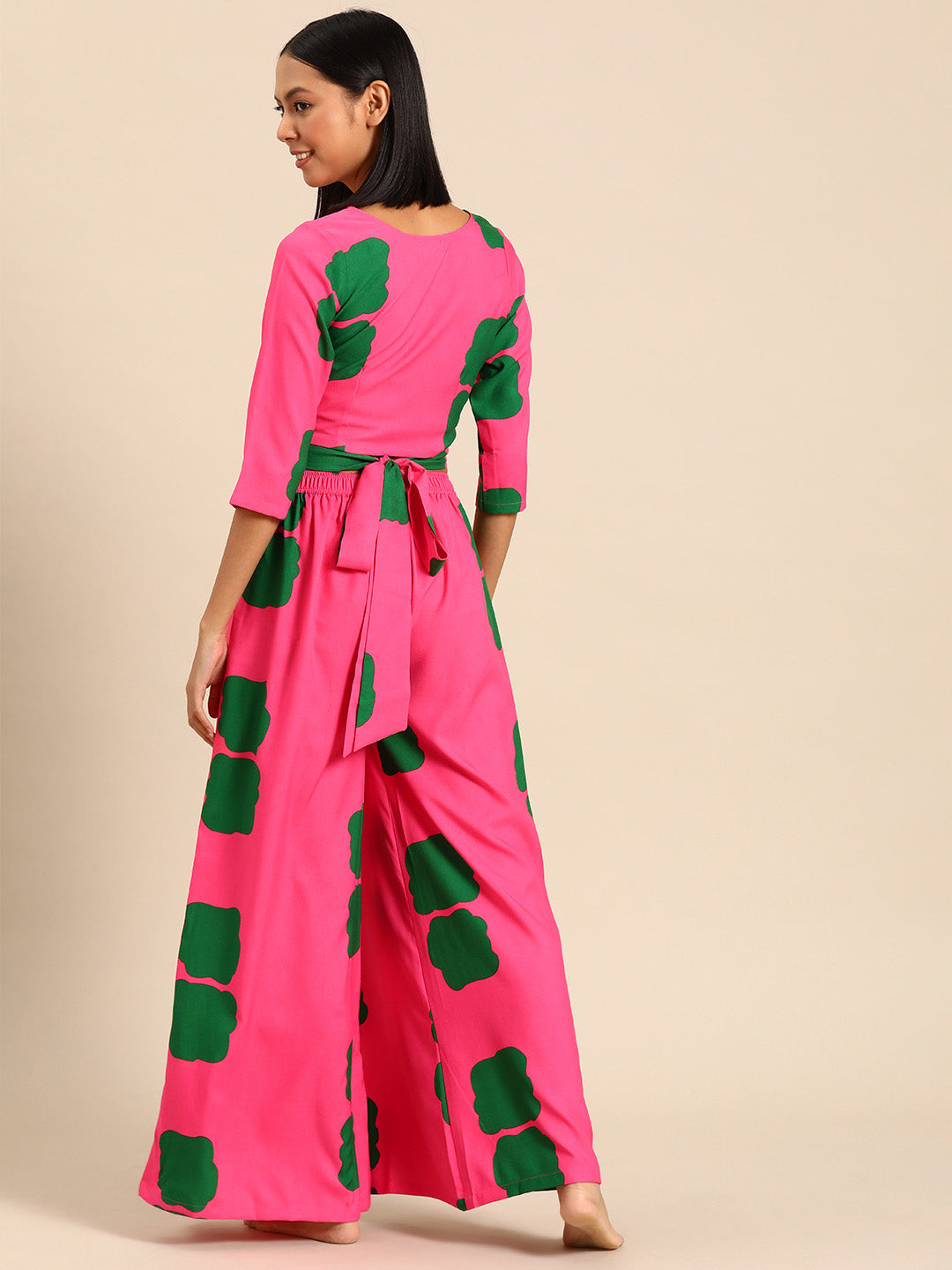 Overlap crop top with flare pyjama set Pink Color Print