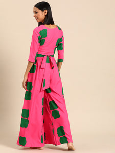 Overlap crop top with flare pyjama set Pink Color Print