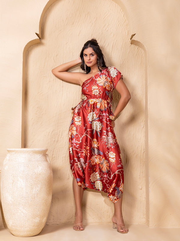 One shoulder dhoti Jumpsuit in Rust Floral Print
