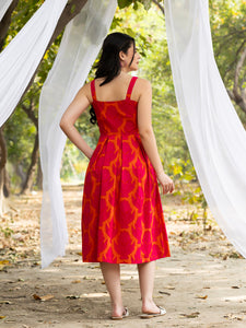 Strappy Box Pleat Midi Dress with IKKAT butti in pink and orange