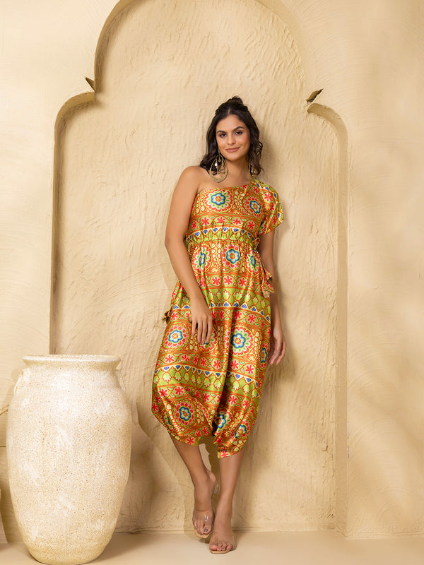 One shoulder dhoti Jumpsuit in Border Green Gujrati Print