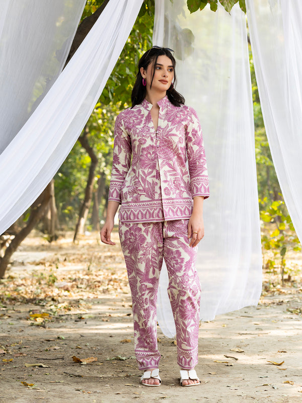 Box Pleat Co-Ord Set with all over bird print in mauve and white