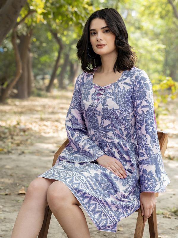 Bell sleeve Mini Dress with all over bird print in Blue and white