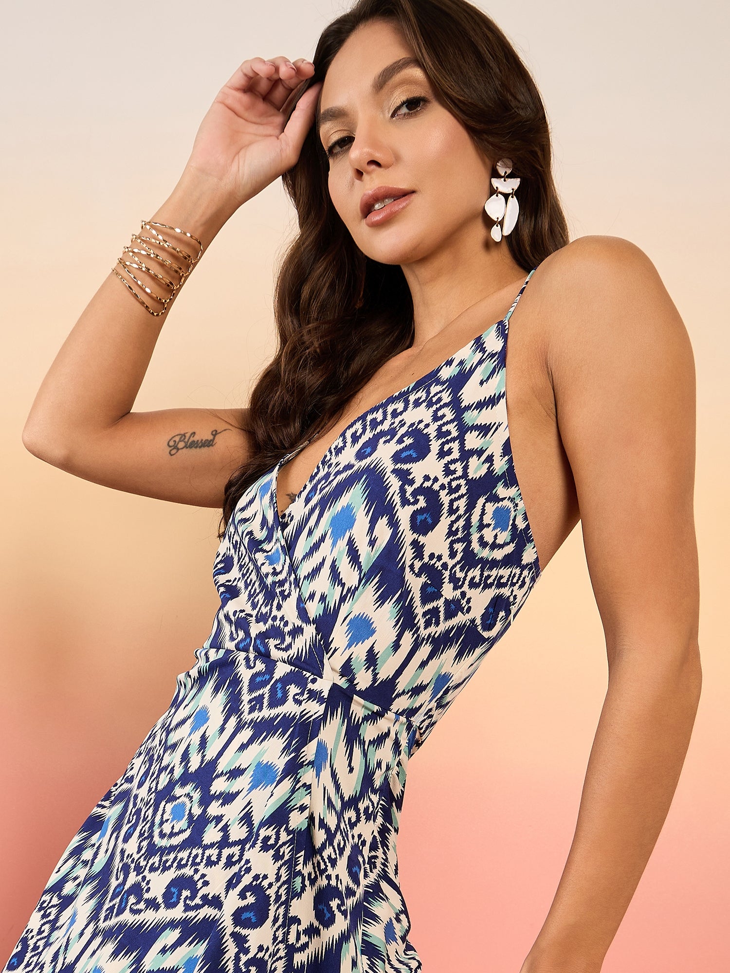 Overlap neck Flared midi Dress in Blue Ikkat Print