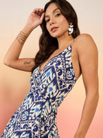 Overlap neck Flared midi Dress in Blue Ikkat Print