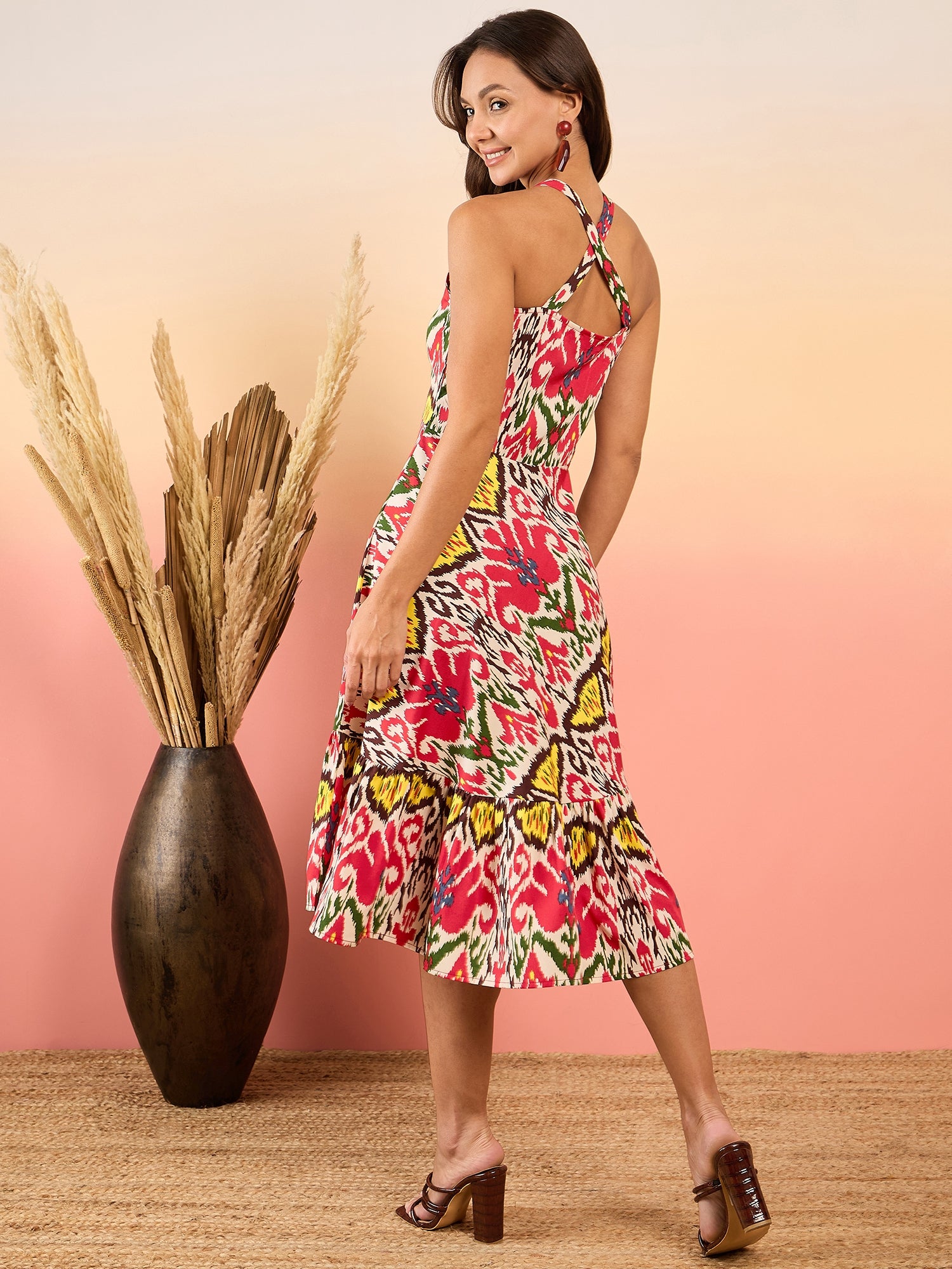Strappy flared Midi dress in Red and Cream Ikkat Print