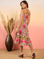 Strappy flared Midi dress in Red and Cream Ikkat Print
