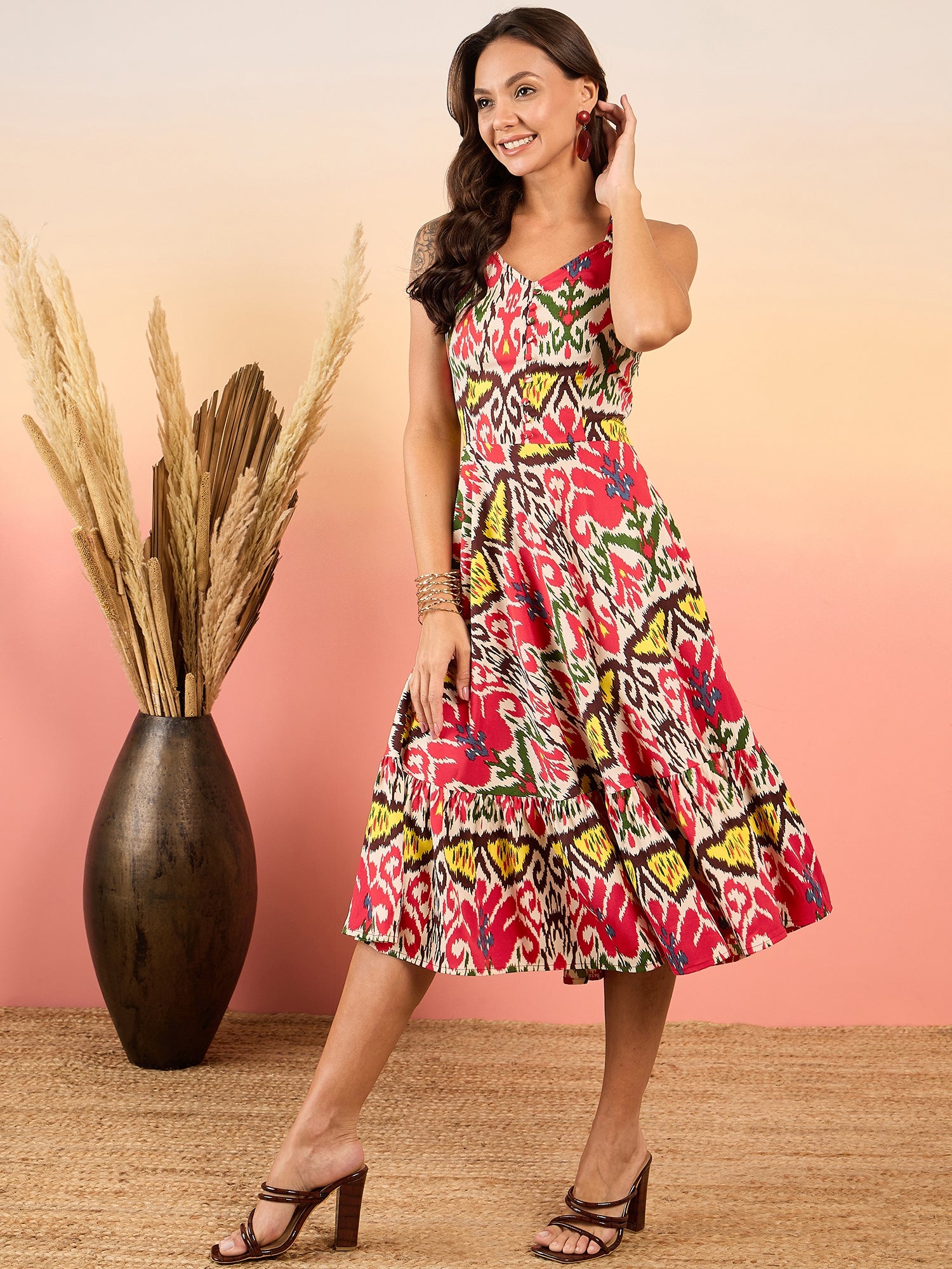 Strappy flared Midi dress in Red and Cream Ikkat Print