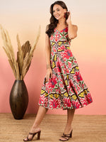 Strappy flared Midi dress in Red and Cream Ikkat Print