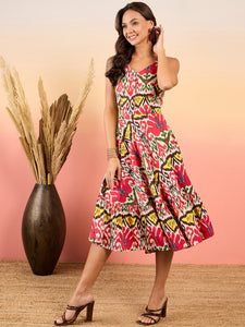 Strappy flared Midi dress in Red and Cream Ikkat Print