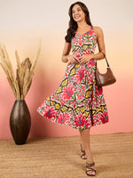 Strappy flared Midi dress in Red and Cream Ikkat Print