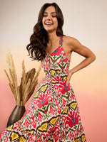 Strappy flared Midi dress in Red and Cream Ikkat Print