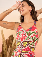 Strappy flared Midi dress in Red and Cream Ikkat Print