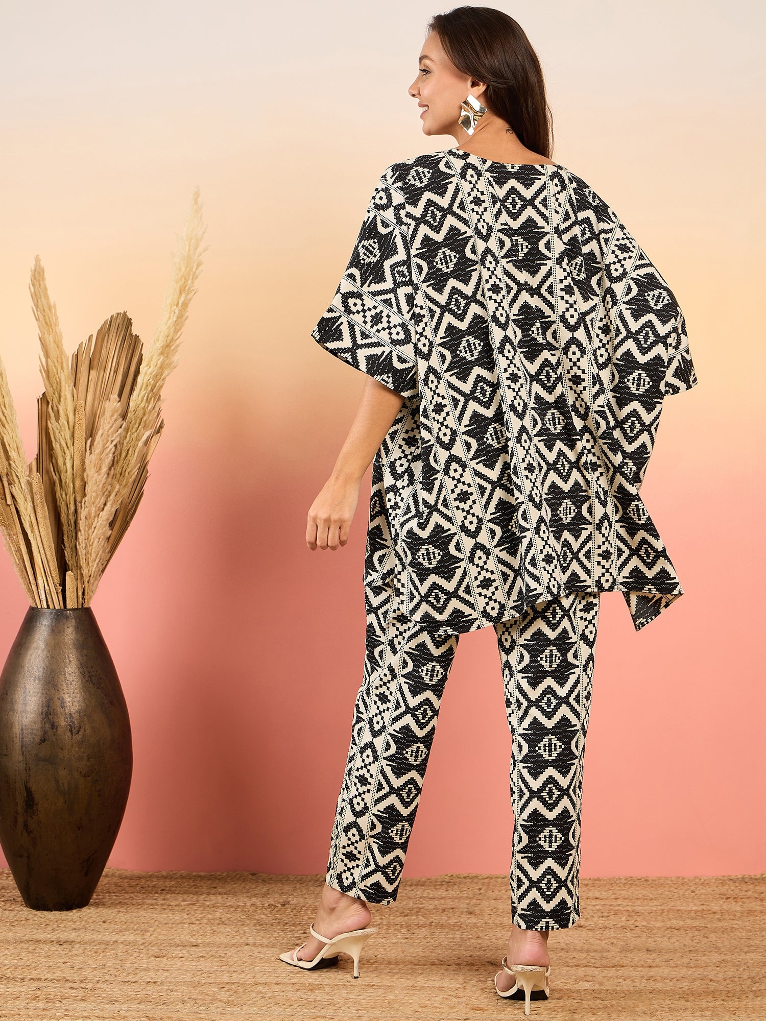Anti Fit Kaftan Top with Pants in Black and Cream Ikkat Print