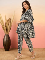 Anti Fit Kaftan Top with Pants in Black and Cream Ikkat Print