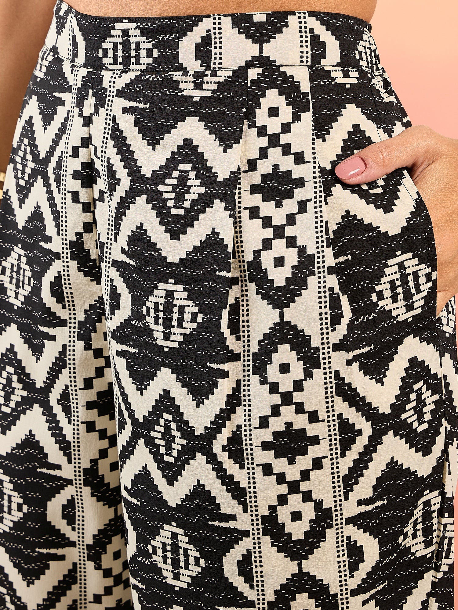 Anti Fit Kaftan Top with Pants in Black and Cream Ikkat Print