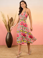 Overlap neck Flared midi Dress in Red and Cream Ikkat Print