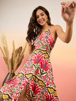 Overlap neck Flared midi Dress in Red and Cream Ikkat Print