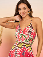 Overlap neck Flared midi Dress in Red and Cream Ikkat Print