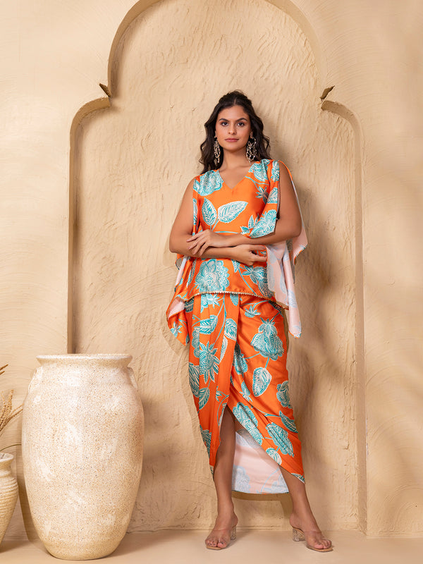 Kaftan Top with Dhoti Skirt in Orange Floral Print