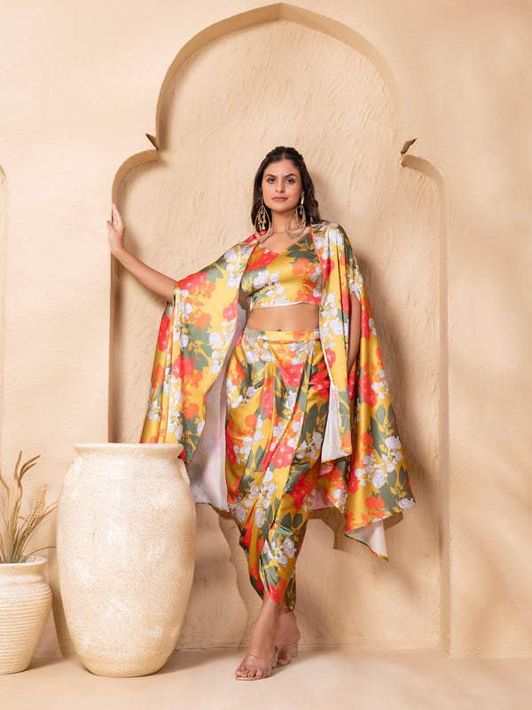 Crop Top with Draped Skirt And Cape in Lime Green and pink Floral Print