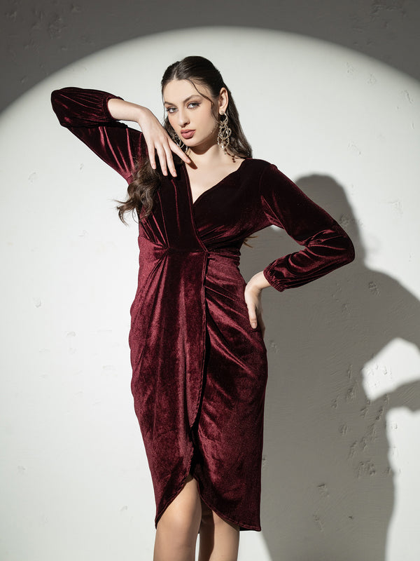 Overlap neck Tulip midi Dress in Wine