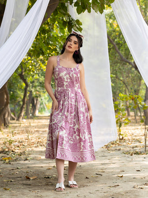Strappy Box Pleat Midi Dress with all over bird print in mauve and white