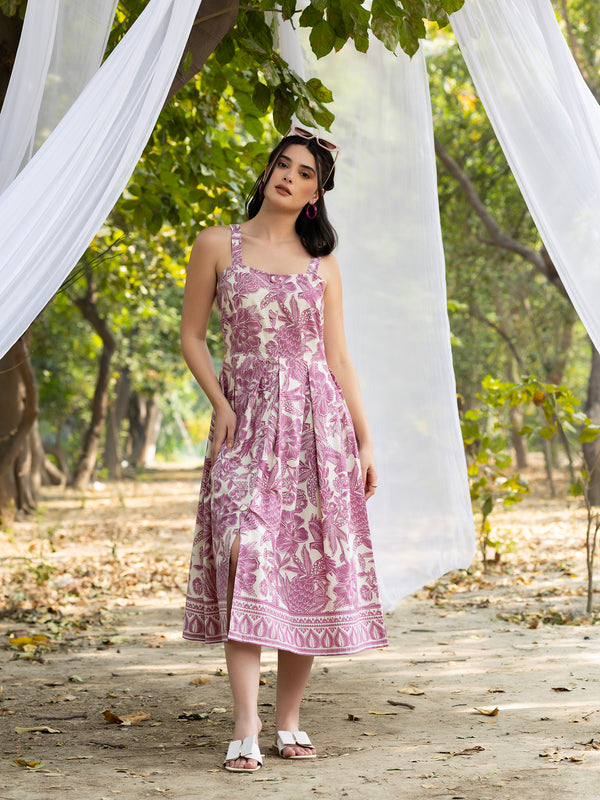 Strappy Box Pleat Midi Dress with all over bird print in mauve and white