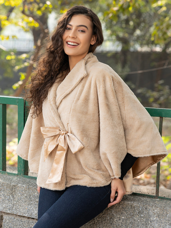 Fur Cape with Tie up in Beige