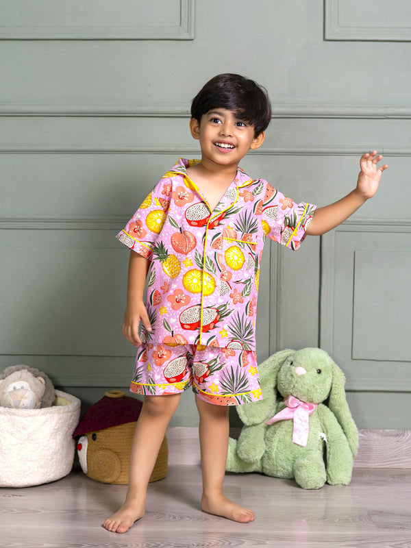 Kids Unisex Nightsuit Shorts & Shirt in Pink Mix Fruit  Print