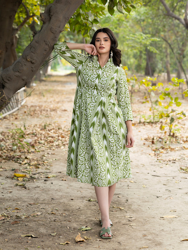 Center Box Pleat Midi Dress with Border IKKAT print in Green
