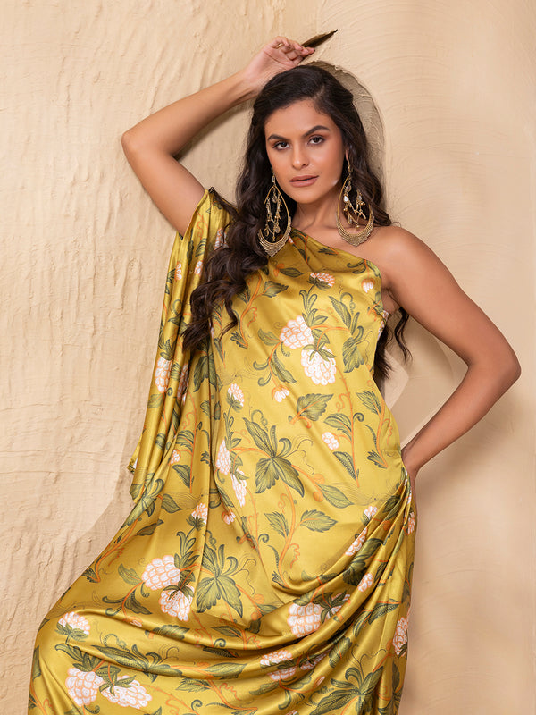 One shoulder Draped cowl Kaftan Dress in Lime Green Grape Print