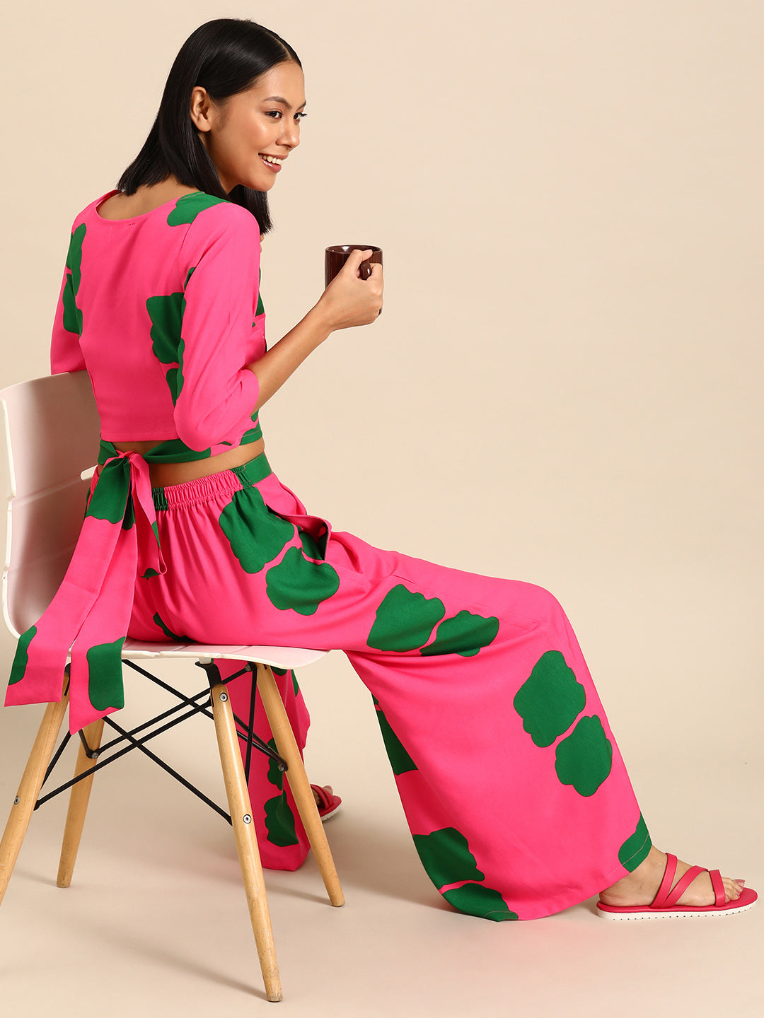 Overlap crop top with flare pyjama set Pink Color Print