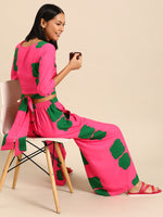 Overlap crop top with flare pyjama set Pink Color Print