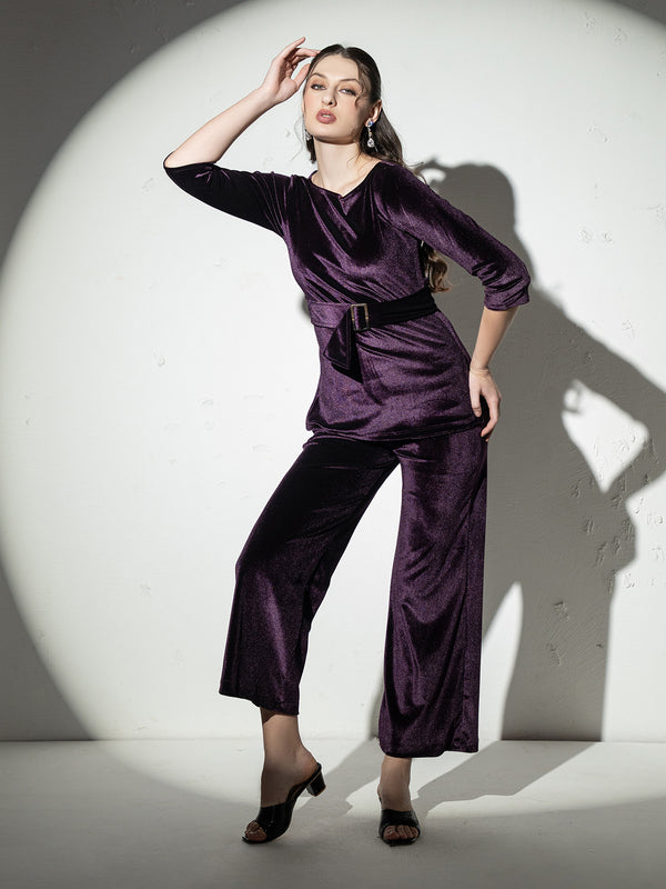 Boat Neck Coord Set with belt in Purple Velvet