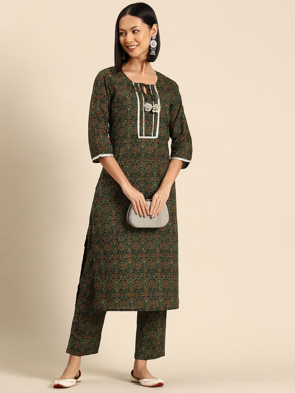 Kurta Pyajama with gota work Green Ajrak Print