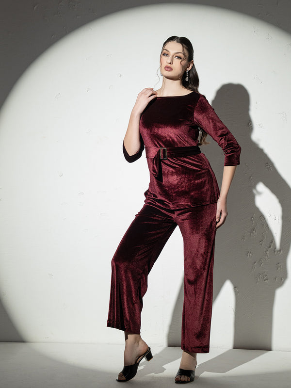 Boat Neck Coord Set with belt in Wine Velvet